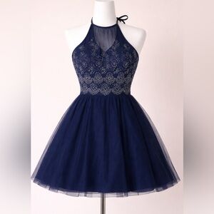 Elegant Navy Blue Lace Halter Dress